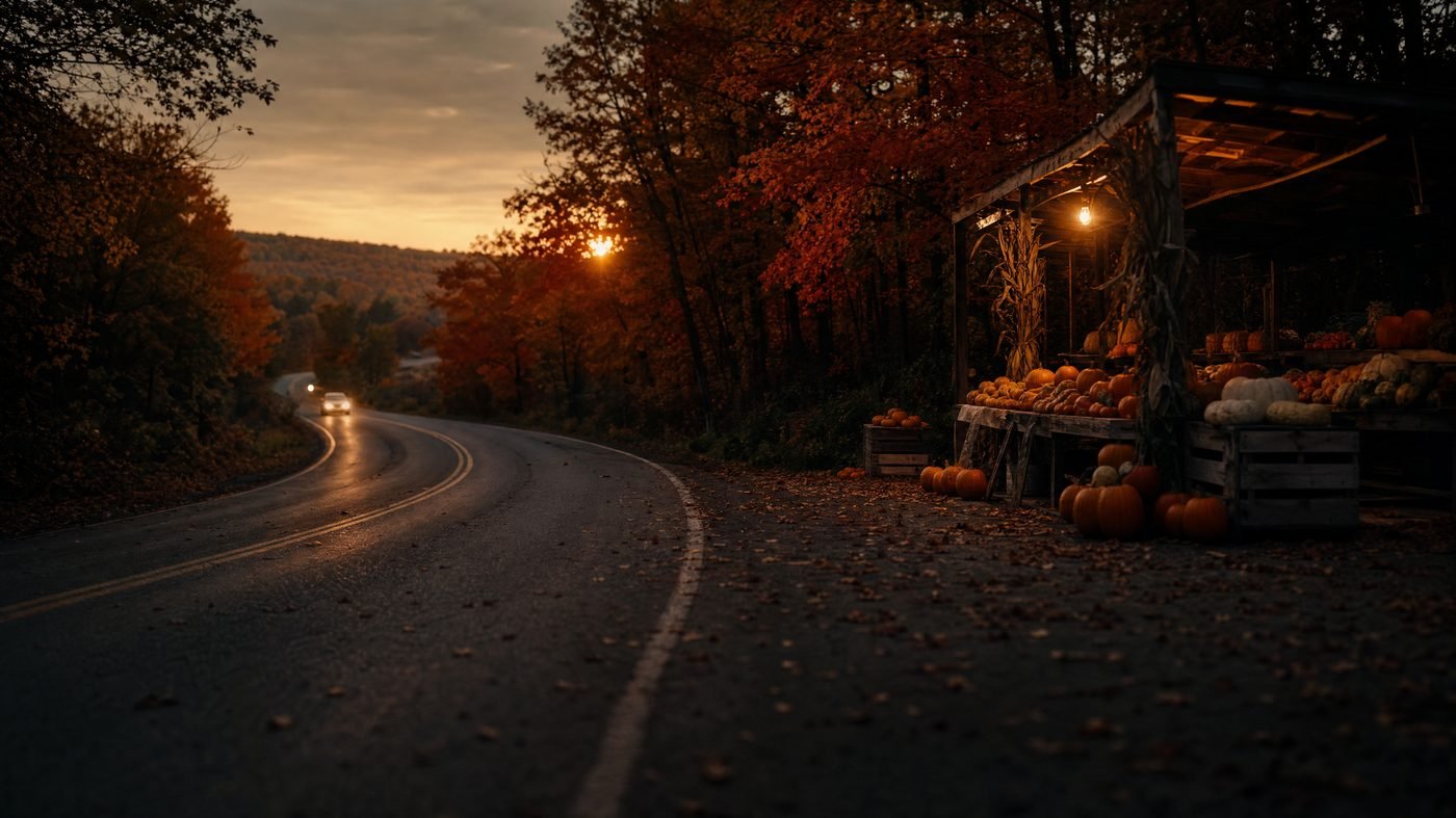 Landstraße durch herbstlich rot gefärbten Wald in den USA mit Kürbisstand am Straßenrand