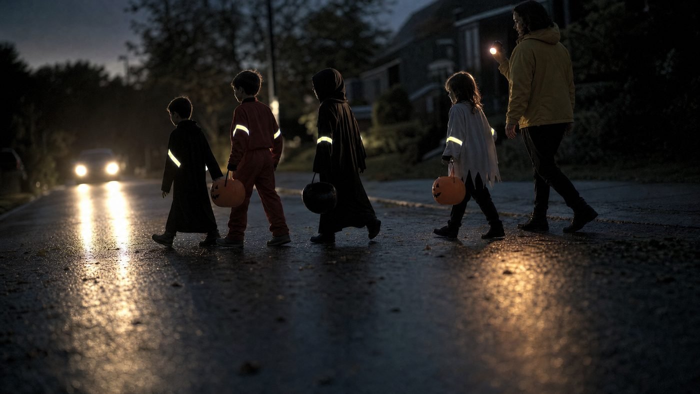 Kinder in Kostümen mit Reflektorstreifen überqueren in der Dämmerung eine Straße, ein Erwachsener leuchtet mit der Taschenlampe