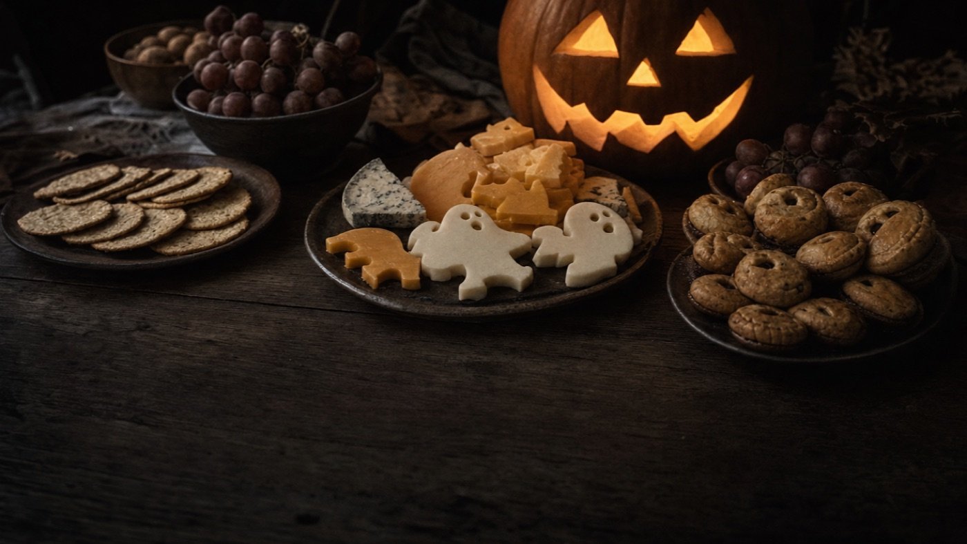 Verschiedene kleine Halloween-Snacks auf einem dunklen Tisch, daneben eine Kürbislaterne