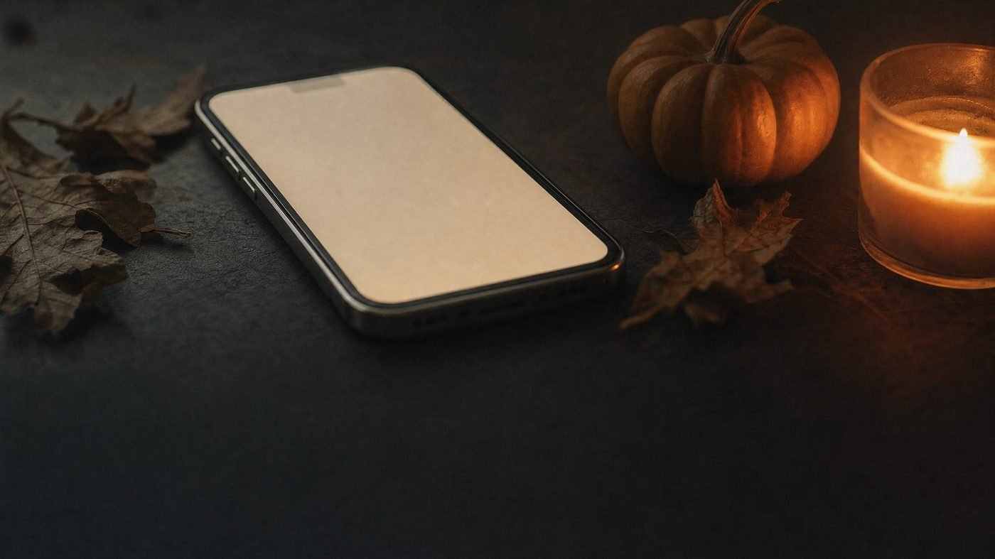 Smartphone mit leuchtendem Display auf einem dunklen Tisch neben kleinem Kürbis und Kerze