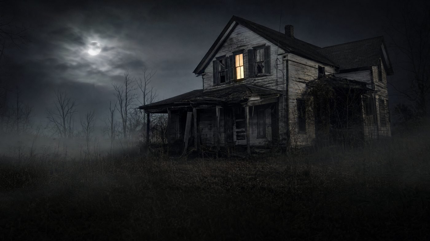 Verfallenes Haunted House aus Holz bei Nacht mit einem erleuchteten Fenster im Obergeschoss
