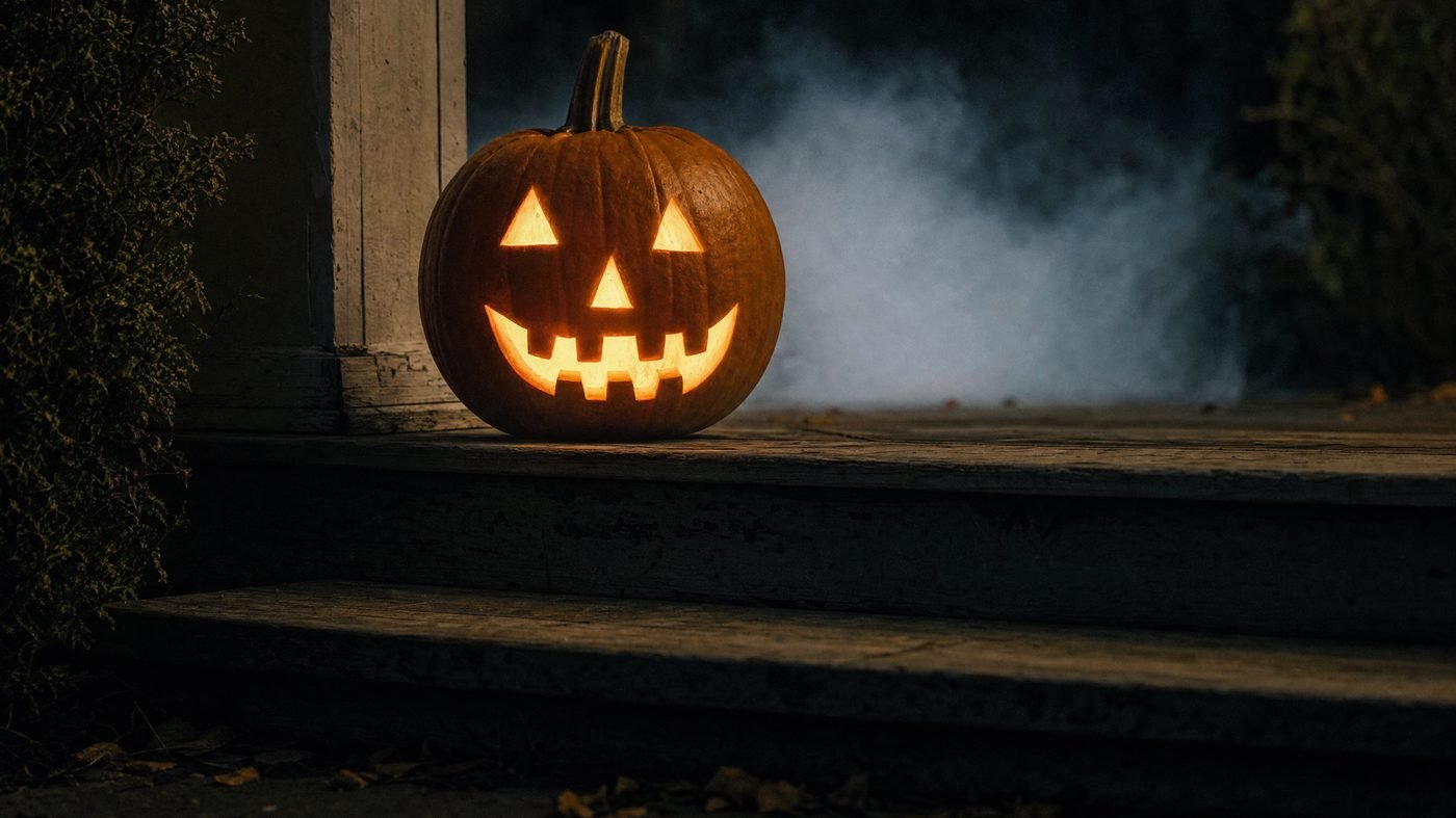 Leuchtende Jack-o'-Lantern aus einem geschnitzten Kürbis auf einer verwitterten Holzstufe bei Nacht