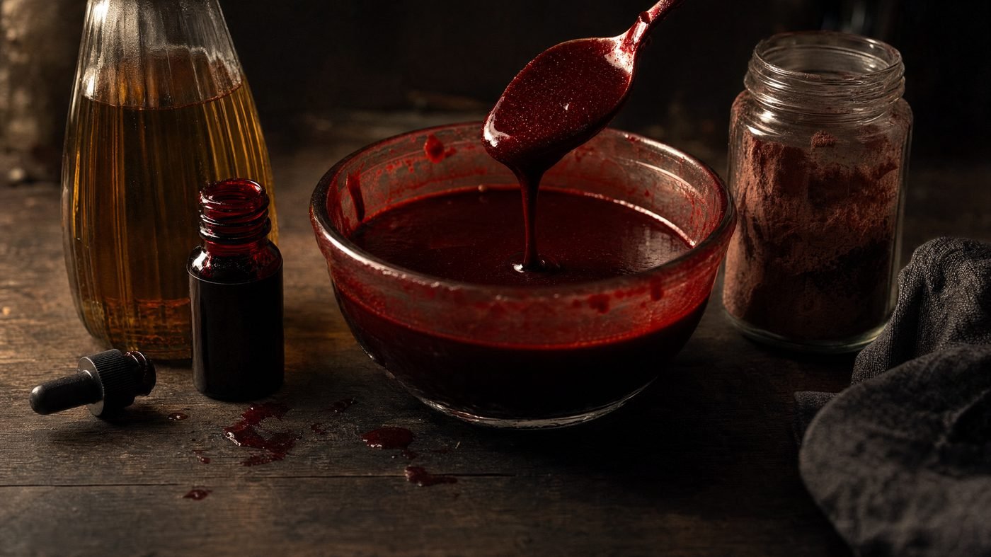 Schüssel mit selbst gemachtem Kunstblut neben Sirup, Lebensmittelfarbe und Kakao