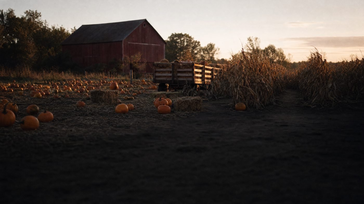 Pumpkin Patch in den USA im Abendlicht mit roter Scheune und dem Corn Maze aus trockenem Mais