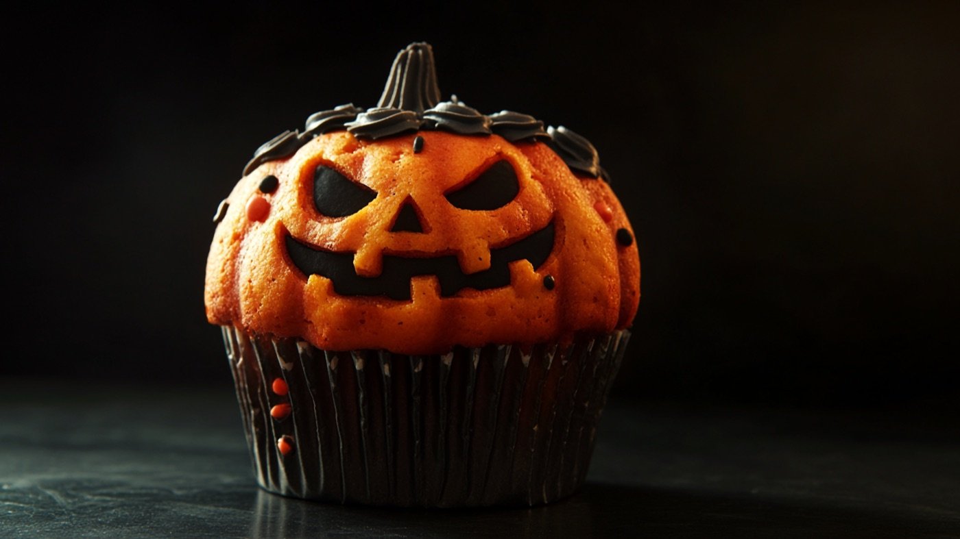 Halloween-Muffin in Kürbisform mit Jack-o'-Lantern-Gesicht aus dunkler Schokolade