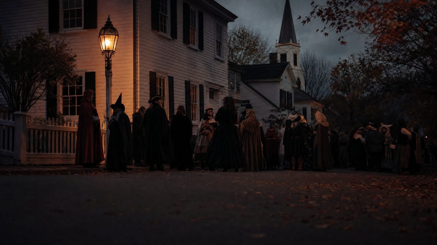 Historische Straße in Salem im Oktober, dicht gefüllt mit kostümierten Menschen bei Laternenlicht