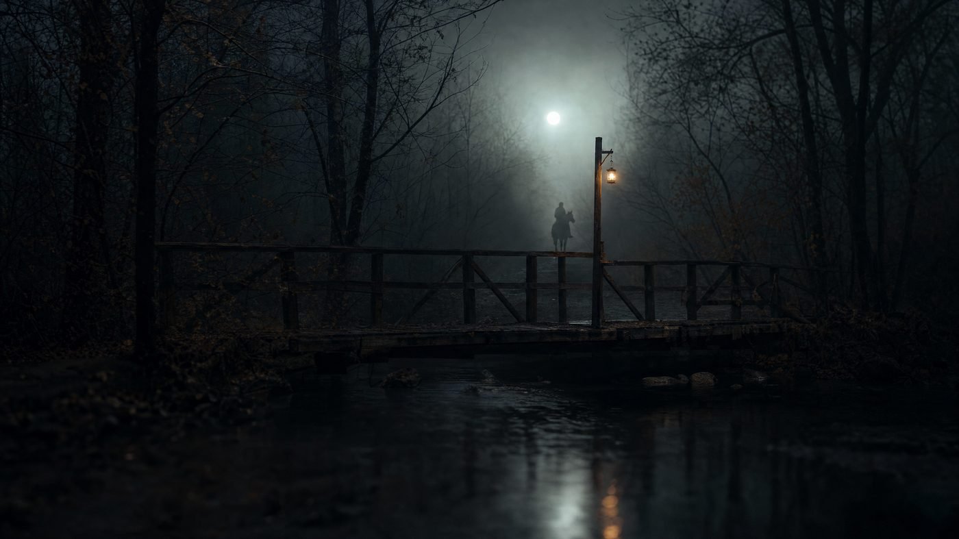 Hölzerne Brücke wie in Sleepy Hollow über einen Bach im nebligen Herbstwald, am Ende eine Silhouette