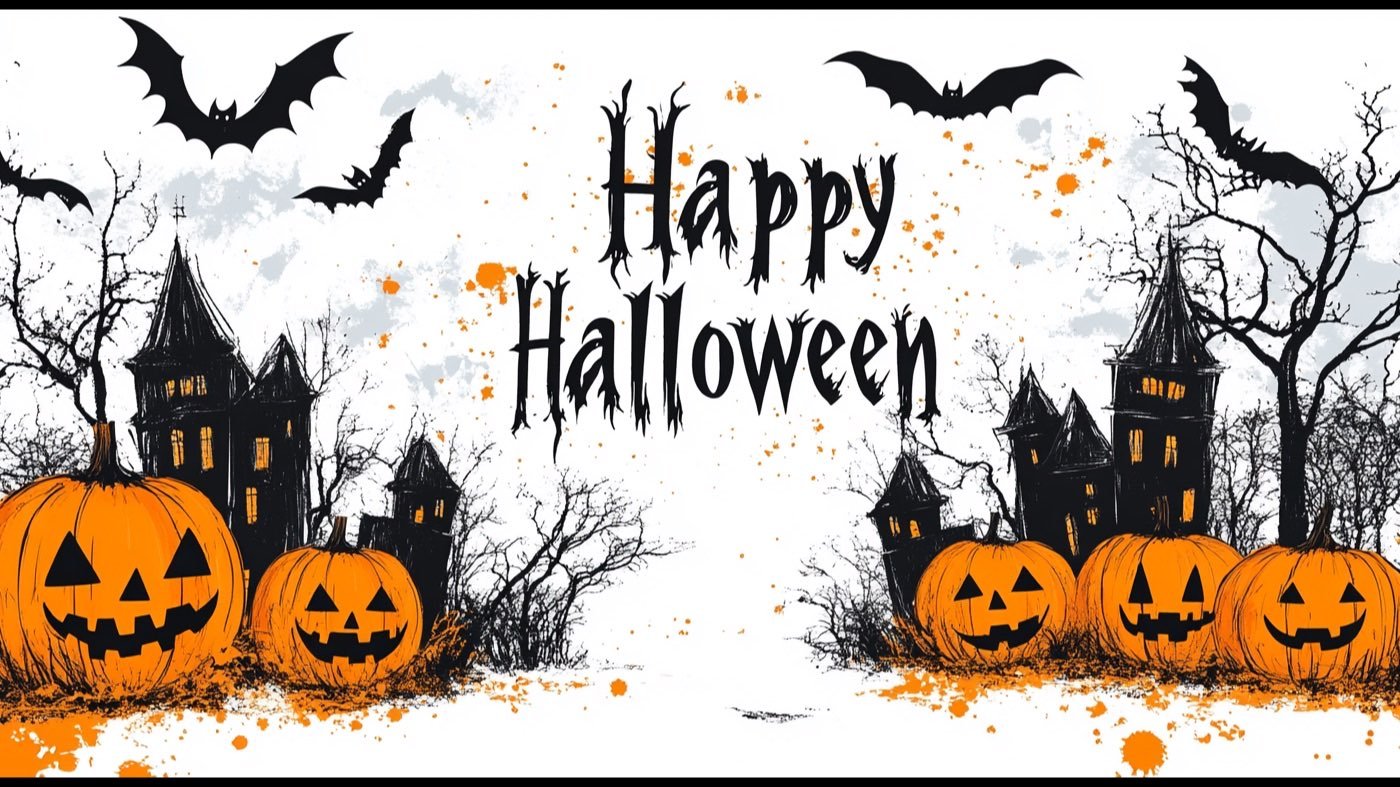 Illustrierte Halloween-Szene mit Kürbissen, Fledermäusen und Spukhaus