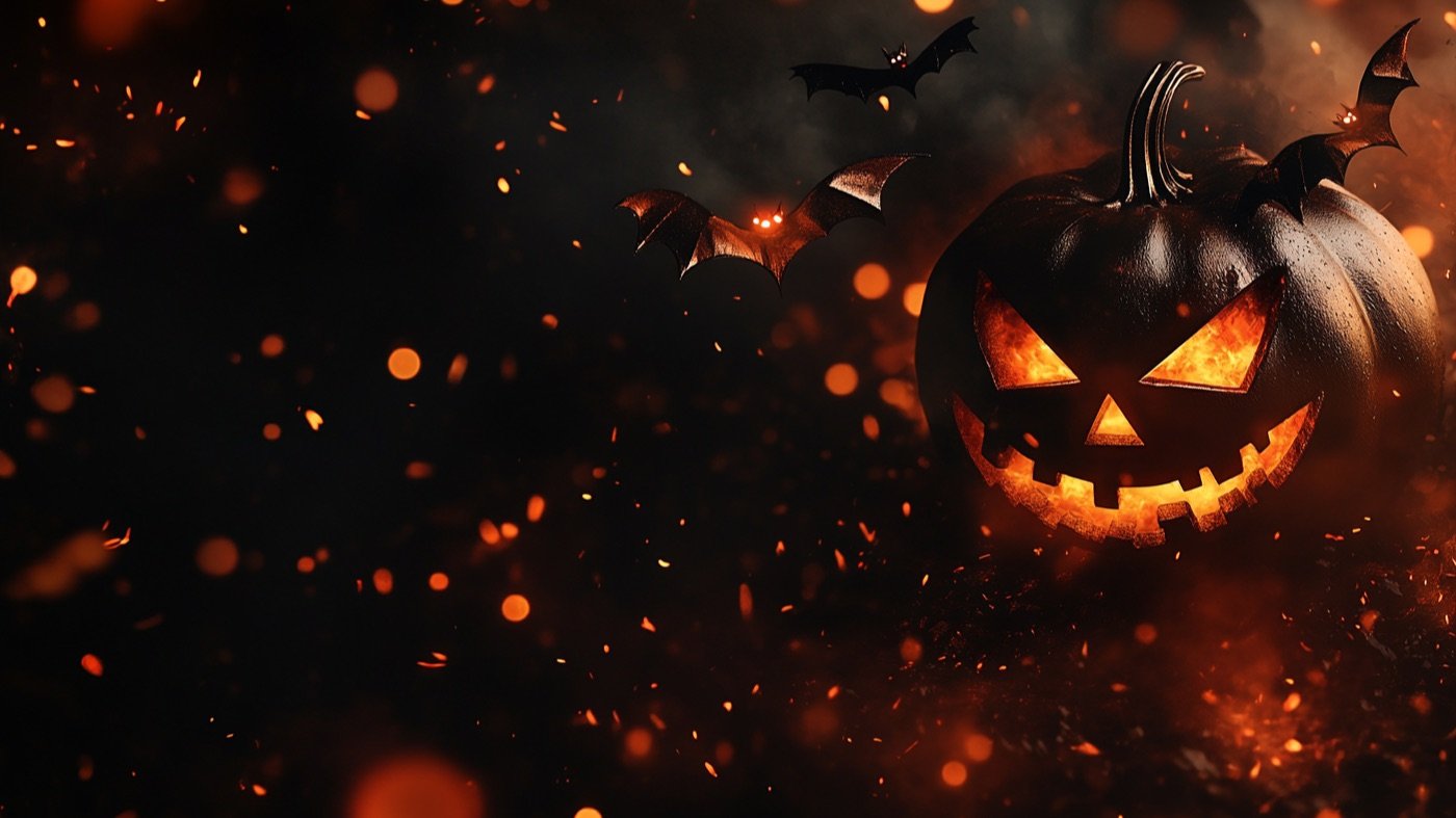 Beleuchteter Halloween-Kürbis mit Fledermäusen vor dunklem Hintergrund
