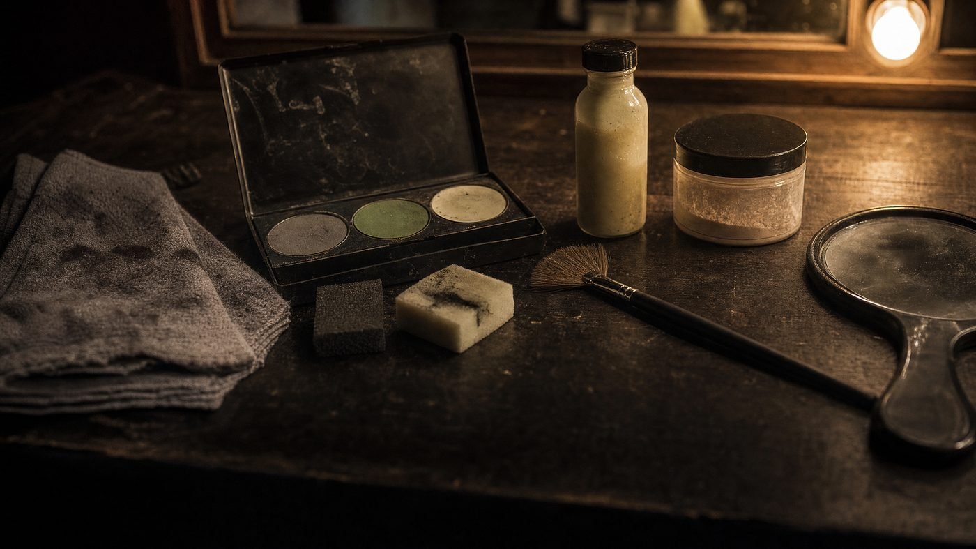 Schminktisch mit Farbpalette in Grau- und Grüntönen, Latexflasche, Puder, Schwämmchen und Handspiegel