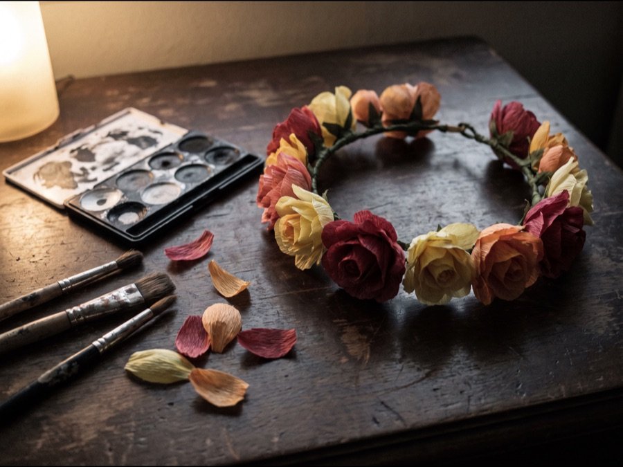 Blumenkranz aus Papierblüten neben einer Schminkpalette in Schwarz und Weiß