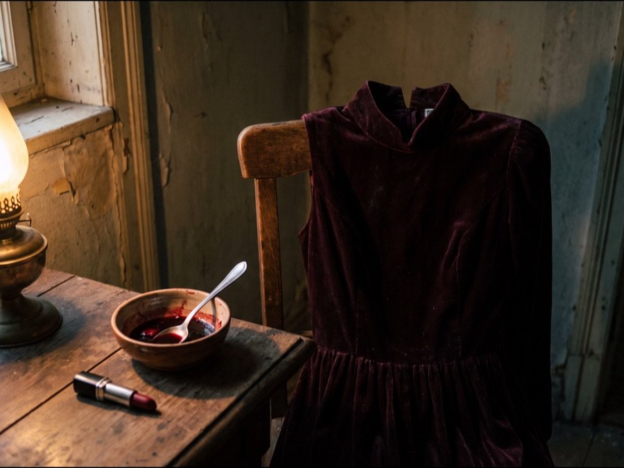 Dunkles Kleid mit hohem Kragen, Kunstblut in einer Schale und ein roter Lippenstift