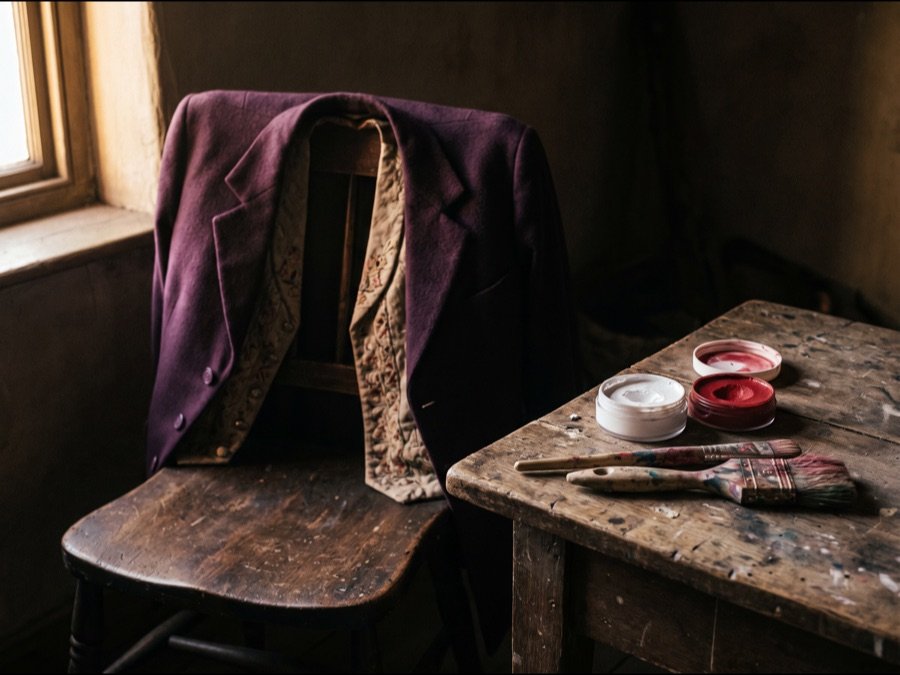 Violette Jacke über einer Stuhllehne, daneben weiße und rote Schminke mit Pinseln