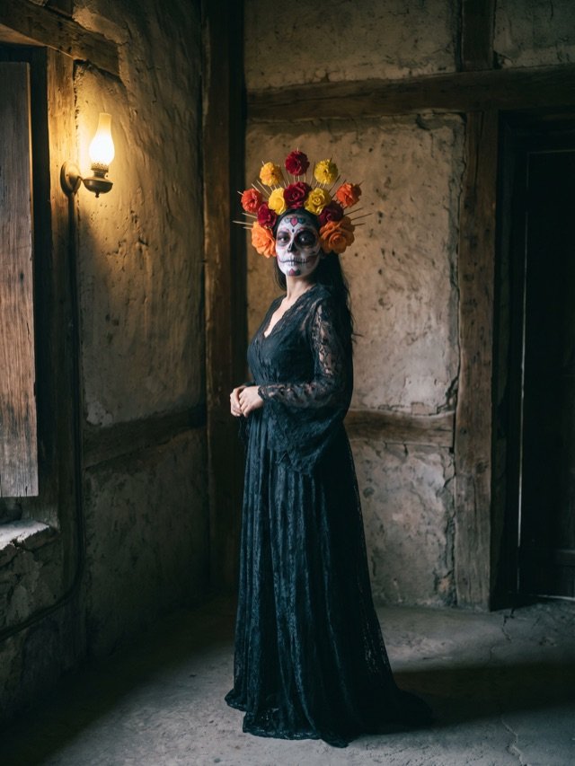 Frau im Catrina-Kostüm mit langem dunklem Spitzenkleid, großem Blumenkranz und weiß-schwarzer Skelettschminke