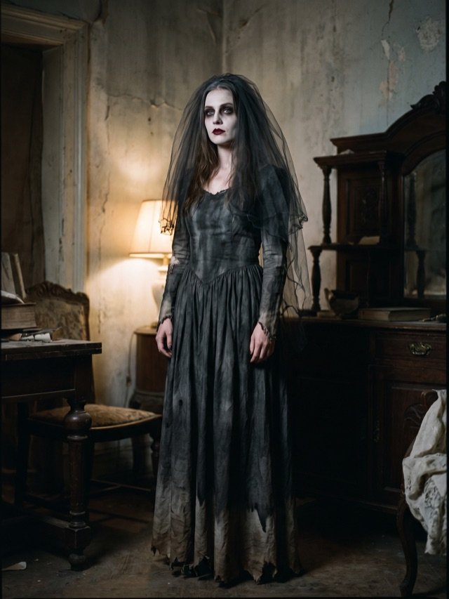 Frau im Kostüm einer Gothic-Braut mit dunkel gefärbtem Brautkleid, dunklem Schleier und blasser Schminke