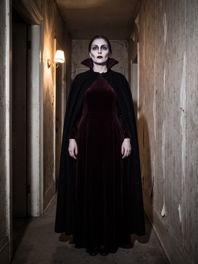 Frau im Vampirinnenkostüm mit dunkelrotem Kleid, hohem Stehkragen, langem Umhang und blasser Schminke