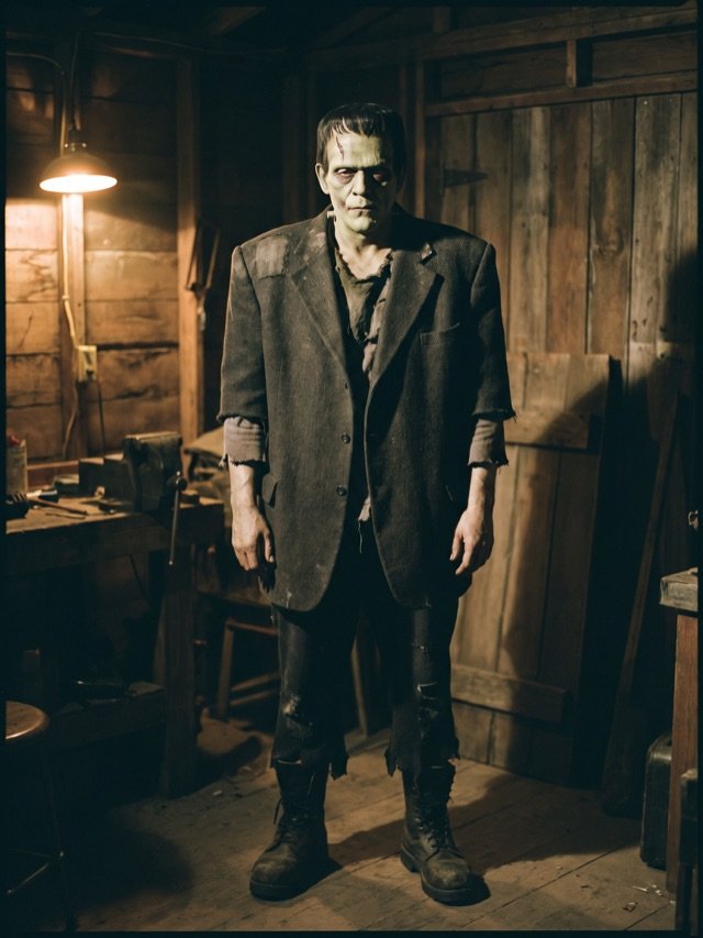 Mann im Kostüm von Frankensteins Monster mit deutlich zu großer Jacke, grüner Schminke und gemalter Stirnnarbe