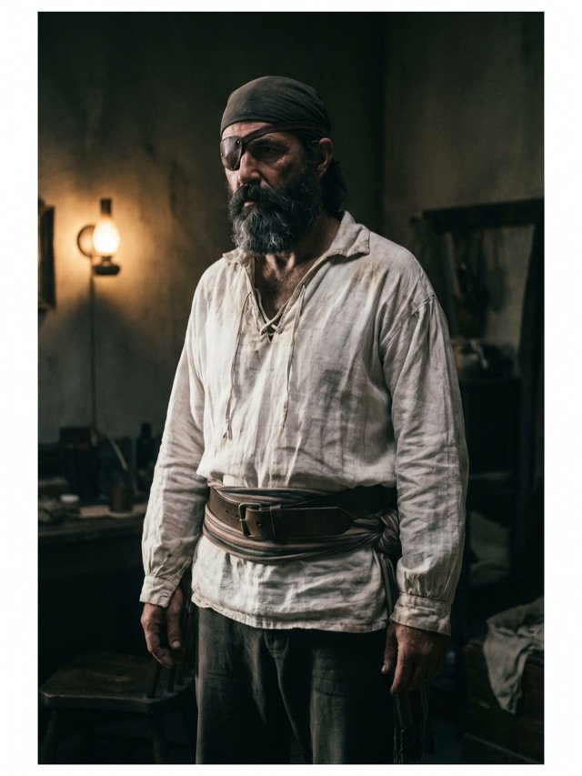 Mann im Piratenkostüm mit weitem weißem Hemd, breitem Gürtel, Kopftuch und Augenklappe