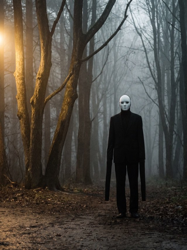 Mann im Kostüm einer gesichtslosen hohen Gestalt mit schwarzem Anzug und weißer leerer Maske am Waldrand