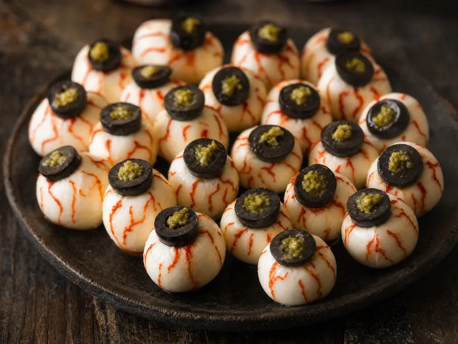 Mini-Mozzarella mit Olivenscheibe und Pestotropfen als Augäpfel