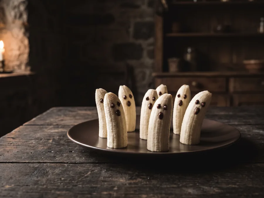 Aufrecht stehende Bananenhälften mit Schokoladenpunkten als Augen und Mund