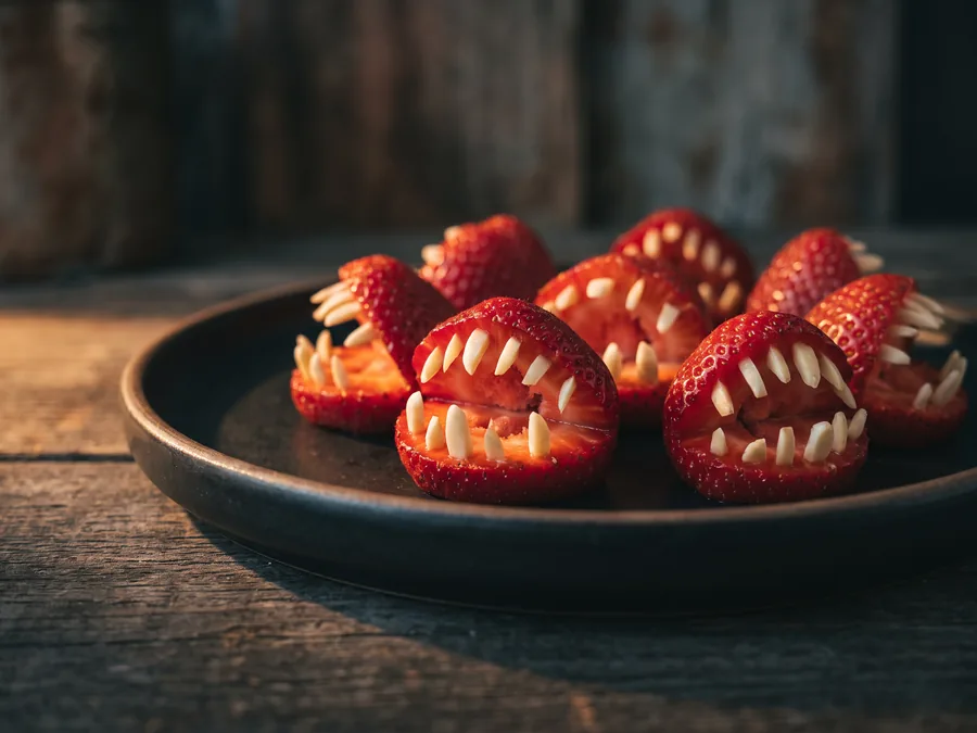 Längs halbierte Erdbeeren mit Mandelsplittern als Zähne