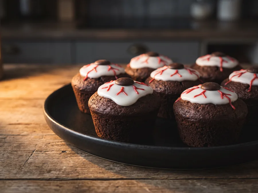 Muffins mit weißem Zuckerguss, Schokolinse als Pupille und roten Zuckeräderchen