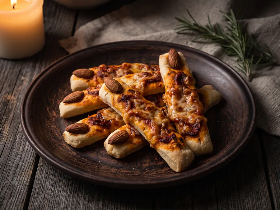 Fingerförmige Pizzastreifen mit Tomatensauce, Käse und einer Mandel als Nagel