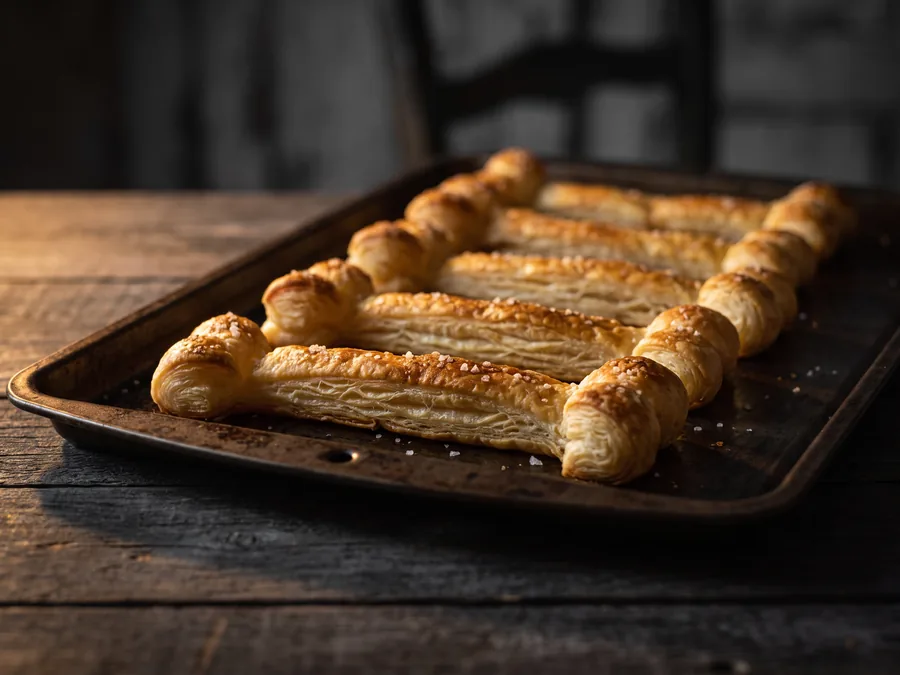 Goldene Blätterteigknochen auf einem dunklen Backblech