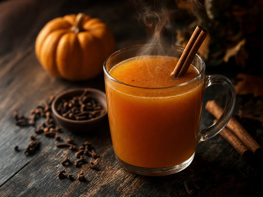 Warmer Kürbis-Punsch im Glasbecher mit Zimtstange