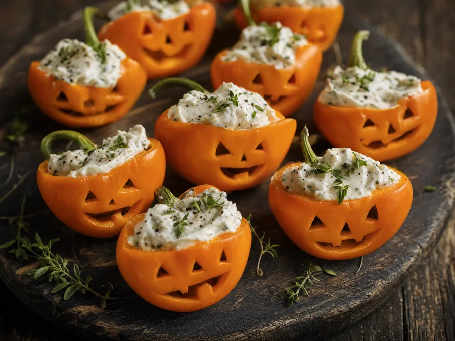 Orange Mini-Paprika mit ausgeschnittenen Gesichtern, gefüllt mit Kräuterfrischkäse