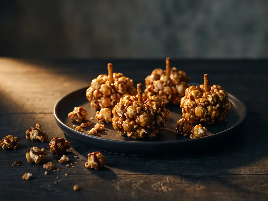 Karamell-Popcornkugeln mit einer Brezelstange als Stiel