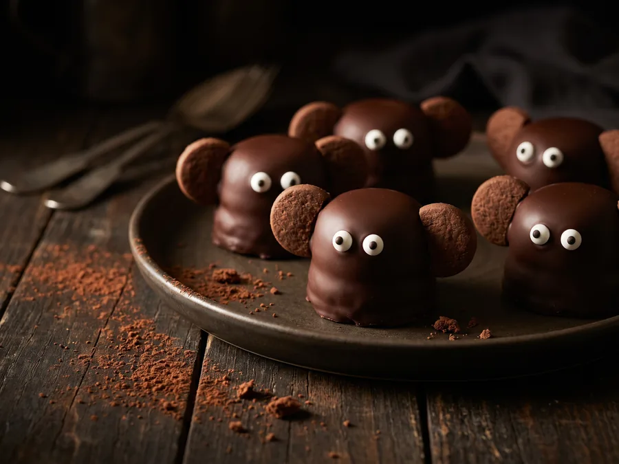 Schokoküsse mit Mini-Keksen als Flügel und aufgesetzten Zuckeraugen