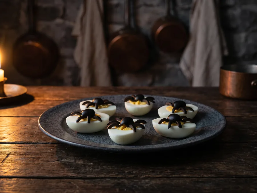 Halbierte Eier mit halber Olive als Spinnenkörper und Olivenstreifen als Beine