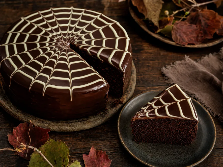 Schokoladentorte mit dunkler Ganache und Spinnennetz aus weißer Schokolade