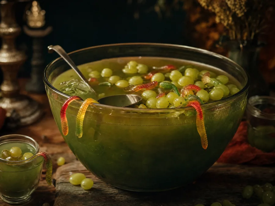Trübgrüne Bowle mit Weintrauben und Gummiwürmern