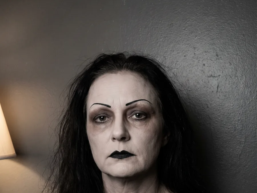 Als Hexe geschminkte Frau ohne Grün: blasse Grundierung, tief schattierte Augen, schwarze Lippen und scharf gezogene Augenbrauen