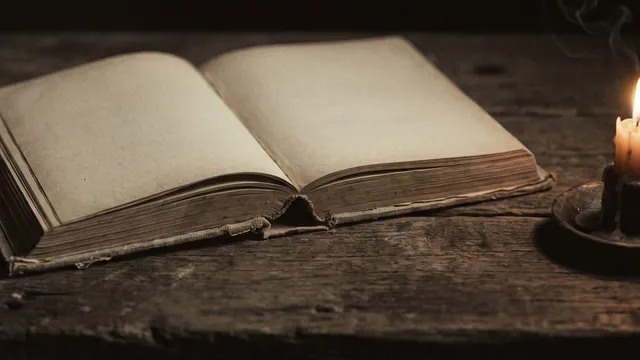 Aufgeschlagenes altes Buch zum Vorlesen, daneben eine brennende Kerze