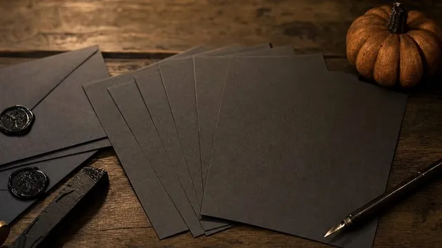 Leere dunkle Einladungskarten mit Umschlägen, Siegelwachs und Kerze auf einem Holztisch