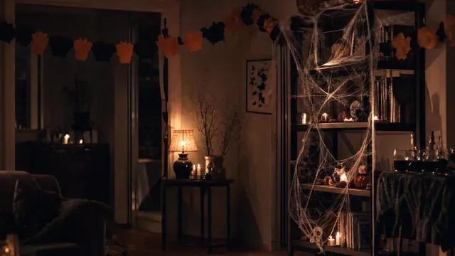 Für eine Halloween-Party dekoriertes Wohnzimmer bei Nacht mit Spinnweben, Kerzen und Getränketisch