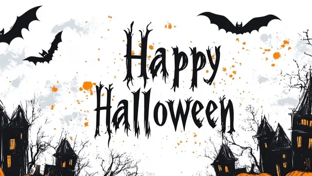 Illustrierte Halloween-Szene mit Kürbissen, Fledermäusen, Spukhaus und dem Schriftzug Happy Halloween
