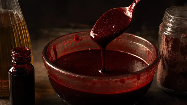 Schüssel mit selbst gemachtem Kunstblut, daneben Sirup, Lebensmittelfarbe und Kakao